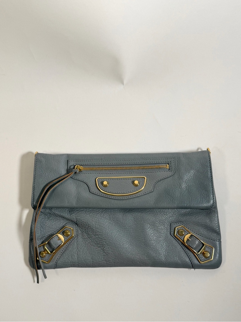 Balenciaga Leather Foldover Envelope Clutch Crossbody Grey and Gold Hardware